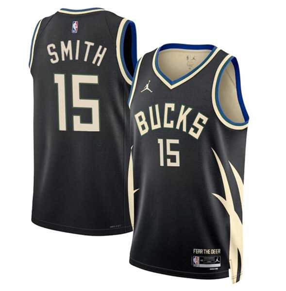 Mens Milwaukee Bucks #15 Tyler Smith Black 2024 Draft Statement Edition Stitched Basketball Jersey Dzhi